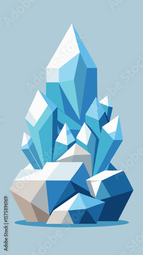 A blue and white image of a mountain with a pile of ice on top. Concept of coldness and isolation, as the ice is piled high and the mountain is surrounded by a blue sky
