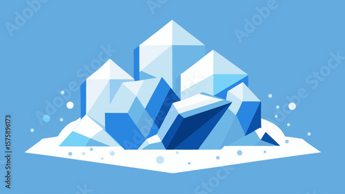 A blue and white image of a mountain with a pile of ice on top. Concept of coldness and isolation, as the ice is piled high and the mountain is surrounded by a blue sky