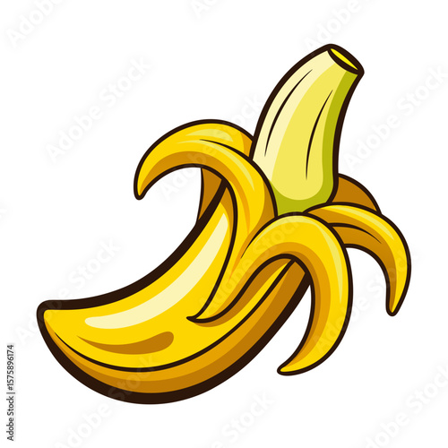 A banana peel is shown with the banana still attached. The peel is yellow and has a slightly curved shape. Concept of freshness and naturalness
