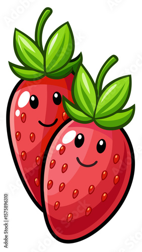 Two red strawberries with green leaves. The strawberries are placed close to each other. The image has a bright and cheerful mood