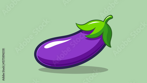 A purple eggplant with a green stem. The eggplant is cut in half and the stem is visible