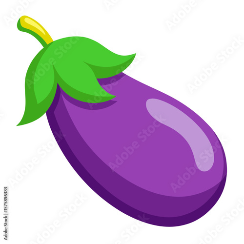 A purple eggplant with a green stem. The eggplant is cut in half and the stem is visible