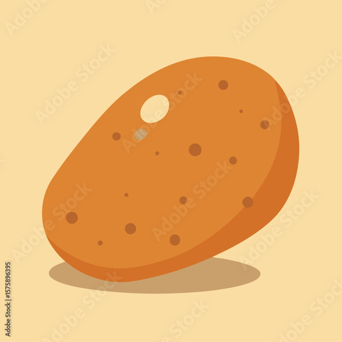 A potato is shown on a tan background. The potato is round and has a brownish color