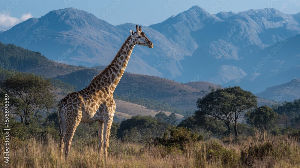 Fototapeta premium Majestic Giraffe Standing Gracefully Against Serene Mountain Landscape Under Clear Blue Sky and Green Vegetation in Soft Evening Light