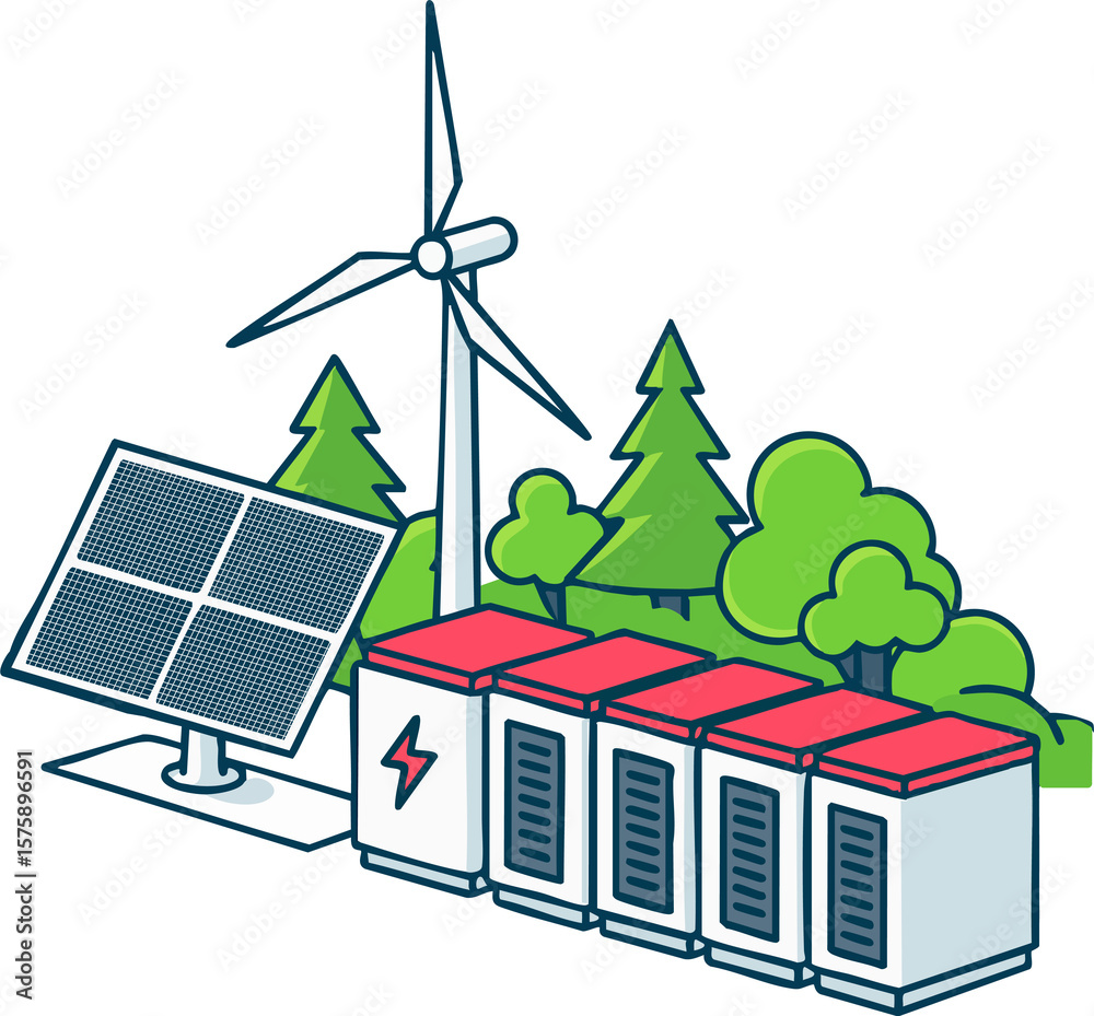 Naklejka premium Renewable Energy System – Vector Illustration with Solar Panel, Wind Turbine and Battery Storage in Nature