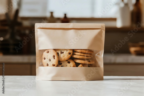 Handmade baking of bread and cookies, coffee shops, dessert shops, transparent window packaging bags, take out,product mockup photo E-commerce marketing poster Background of shooting scene