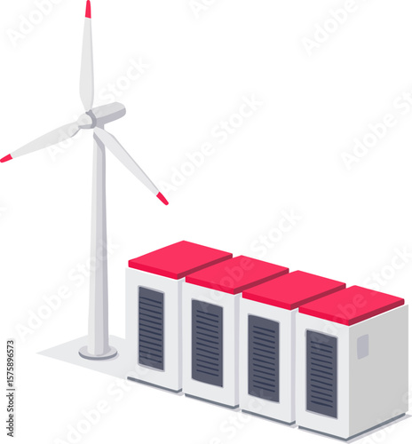 Wind Turbine with Battery Storage Units – Renewable Energy Concept Illustration
