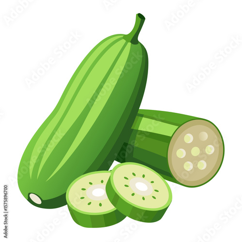 A green cucumber with a white seed in the middle. The cucumber is cut in half