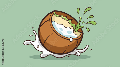A cartoon drawing of a coconut with white milk splashing out of it. The coconut is shown in a cartoonish style, with a splash of milk coming out of it. Concept of fun and playfulness