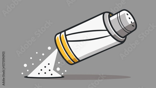 A salt shaker is shown with a white powdery substance inside. The shaker is empty and the powder is scattered on the ground. Concept of messiness and disorganization