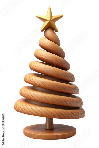 Wooden Christmas Tree with Gold Star on Black Background isolated on a transparent background