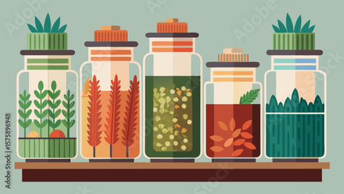 A row of glass jars with plants inside them. The jars are arranged in a row on a shelf