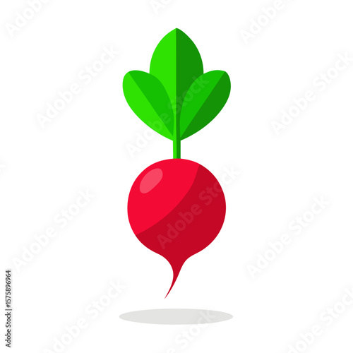 A red radish with green leaves. The radish is the main focus of the image. The image has a bright and cheerful mood, as the radish is a healthy and vibrant vegetable