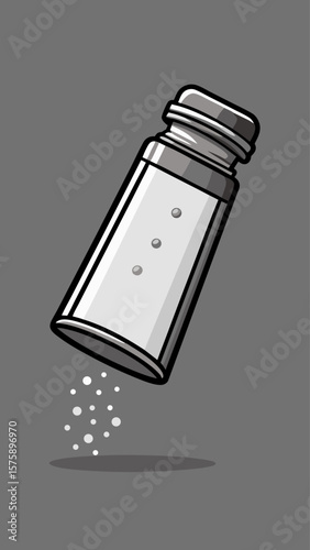 A salt shaker is shown with a white powdery substance inside. The shaker is empty and the powder is scattered on the ground. Concept of messiness and disorganization