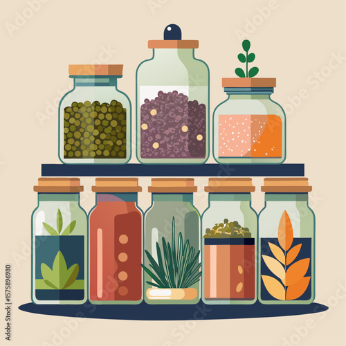 A row of glass jars with plants inside them. The jars are arranged in a row on a shelf