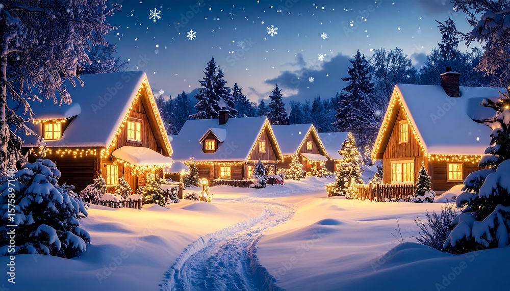 Fototapeta premium Snowy, illuminated Christmas village at night