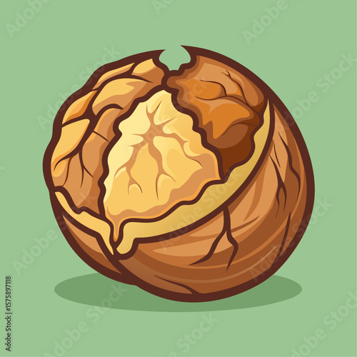 A close up of a nut with a bite taken out of it. The nut is brown and has a yellow center