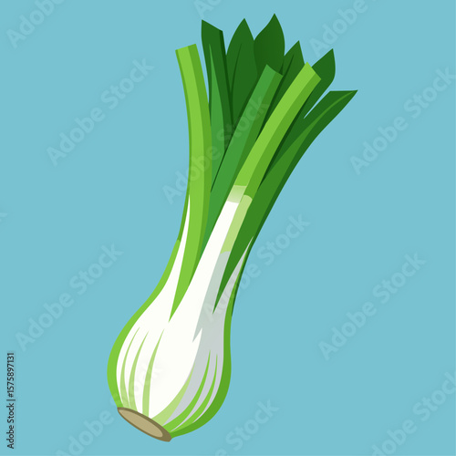A green onion is shown on a blue background. The onion is cut in half and has a white stem
