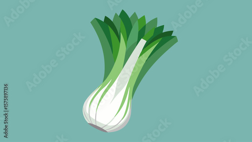 A green onion is shown on a blue background. The onion is cut in half and has a white stem