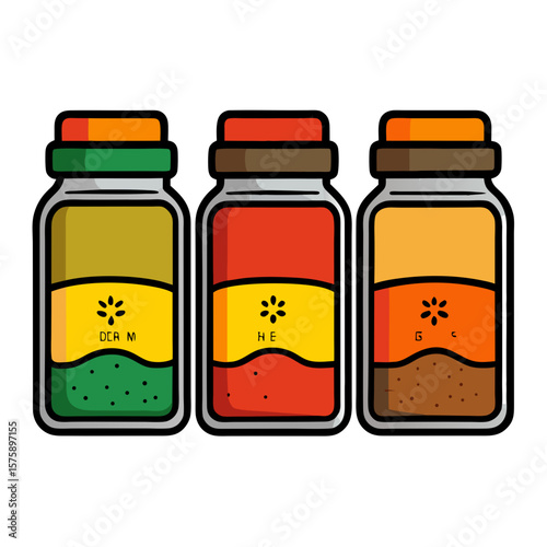 Three jars of different colors with labels on them. The jars are placed on an orange background. The jars are labeled with different spices and condiments
