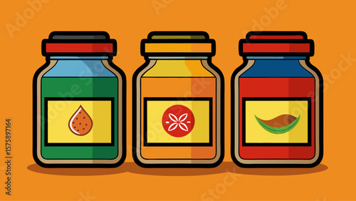 Three jars of different colors with labels on them. The jars are placed on an orange background. The jars are labeled with different spices and condiments