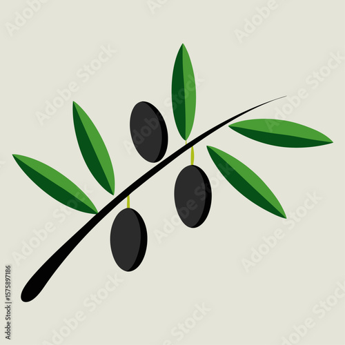 Olive tree with two olives hanging from it. The olive tree is green and the olives are black