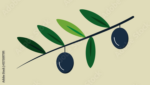 Olive tree with two olives hanging from it. The olive tree is green and the olives are black
