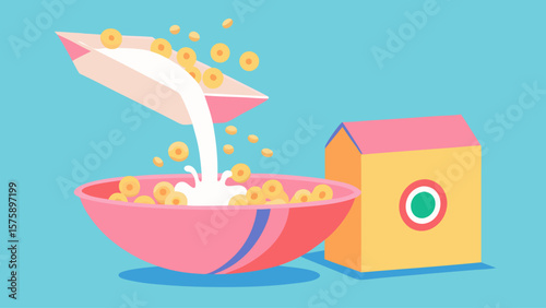 A bowl of cereal is poured into a box. The cereal is a mix of different types of cereal, including some with nuts and some with fruit