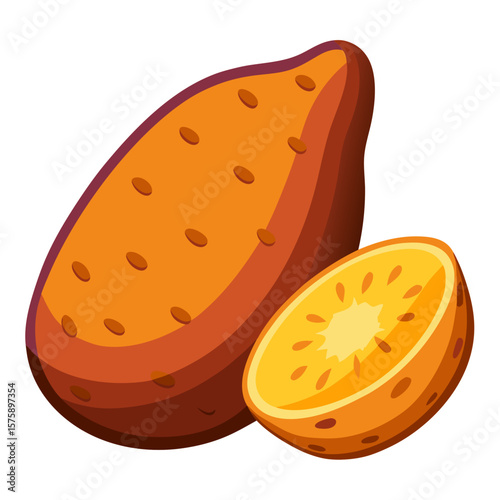 A peeled orange with a bite taken out of it. The orange is cut in half and the inside is exposed