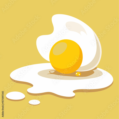 A cartoon egg with a yellow yolk is on a yellow background. The egg is cracked open, and the yolk is spilling out. The image has a playful and lighthearted mood