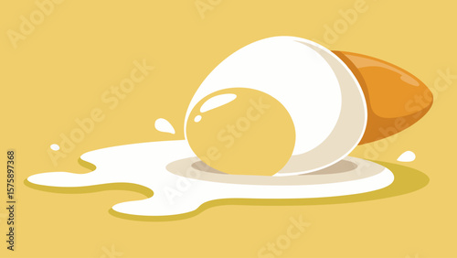 A cartoon egg with a yellow yolk is on a yellow background. The egg is cracked open, and the yolk is spilling out. The image has a playful and lighthearted mood