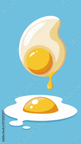 A cartoon egg with a yellow yolk is on a yellow background. The egg is cracked open, and the yolk is spilling out. The image has a playful and lighthearted mood
