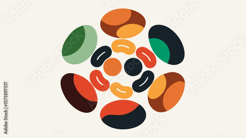 A colorful round plate of various colored beans. The beans are arranged in a circle and are of different sizes and colors. The plate is a representation of diversity and unity