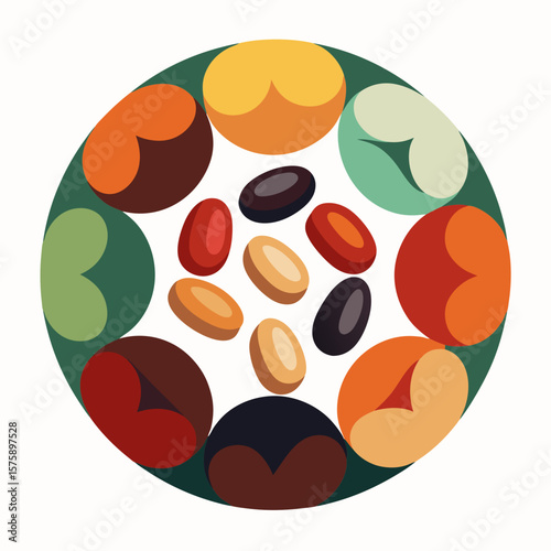 A colorful round plate of various colored beans. The beans are arranged in a circle and are of different sizes and colors. The plate is a representation of diversity and unity