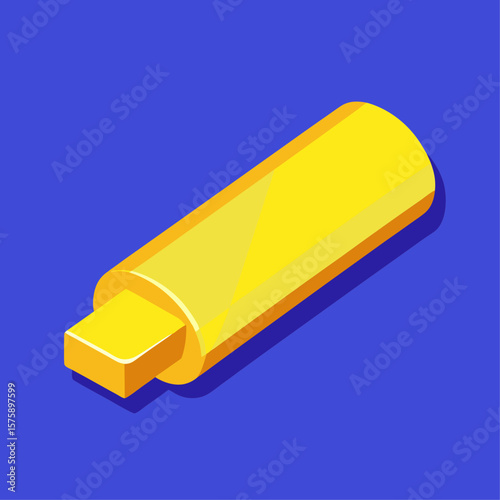 A yellow object with a rectangular shape is on a blue background. The object is a USB drive