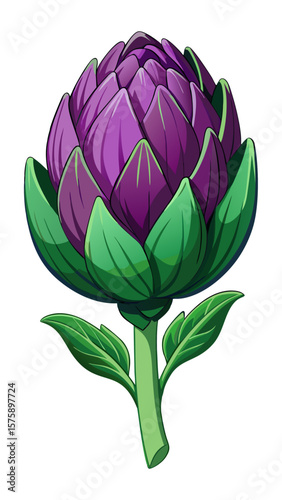 A cartoon drawing of a green vegetable with purple flowers. The drawing is of a vegetable that is often used in cooking, and it has a bright and cheerful appearance