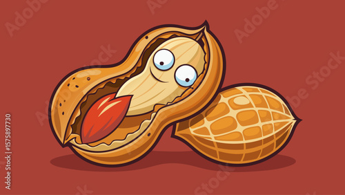 A cartoon of a peanut with a tongue sticking out. The peanut is open and has a smile on its face
