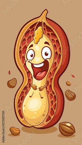 A cartoon of a peanut with a tongue sticking out. The peanut is open and has a smile on its face