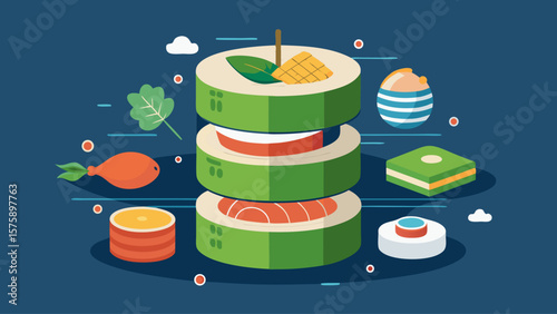 A blue background with a stack of food items including a sandwich, a salad, and a dessert