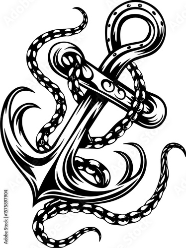SVG of Pirate Leviathan beasts captured in a striking tattoo design. Black and White Tattoo Design of Anchor and Octopus Illustration
