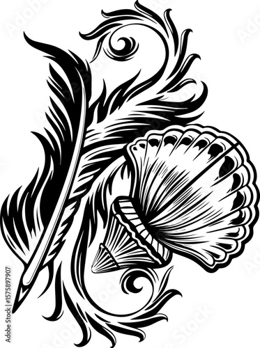 SVG of Pirate Leviathan beasts captured in a striking tattoo design. Elegant Black and White Feather and Shell Decorative Design