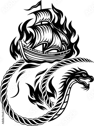 SVG of Pirate Leviathan beasts captured in a striking tattoo design. Ship in Flames with Serpent Design for Bold Graphic Artwork