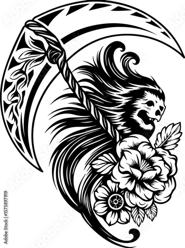 SVG of Pirate Leviathan beasts captured in a striking tattoo design. Grim Reaper Design with Floral Elements and Bold Line Art