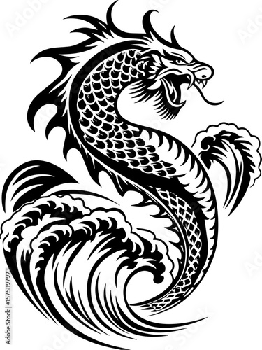SVG of Pirate Leviathan beasts captured in a striking tattoo design. Fierce Dragon Design with Waves in Bold Black and White Style