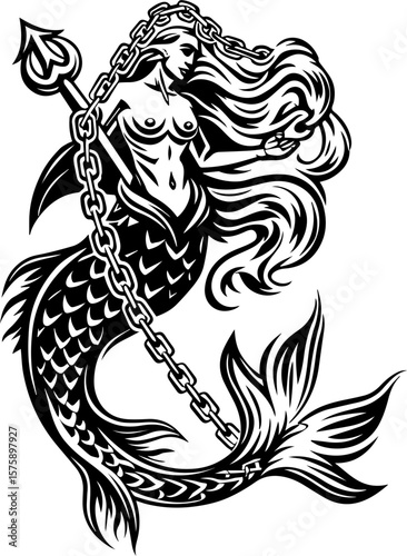 SVG of Pirate Leviathan beasts captured in a striking tattoo design. Elegant Mermaid Illustration with Chain and Trident in Black Design