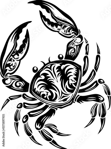 SVG of Pirate Leviathan beasts captured in a striking tattoo design. Black and White Artistic Crab Illustration with Ornate Details