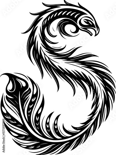SVG of Pirate Leviathan beasts captured in a striking tattoo design. Artistic Black and White Phoenix Design with Flowing Feathers