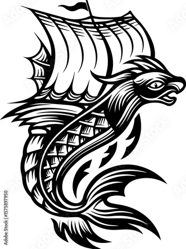 SVG of Pirate Leviathan beasts captured in a striking tattoo design. Artistic Illustration of a Mythical Fish with Sailboat Design