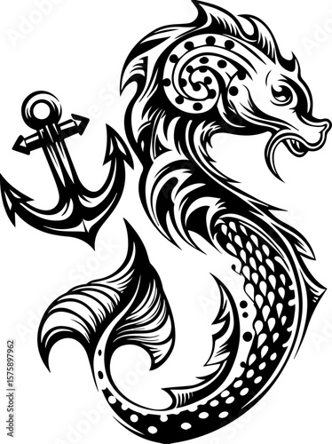 SVG of Pirate Leviathan beasts captured in a striking tattoo design. Detailed Black and White Seahorse Dragon with Anchor Design