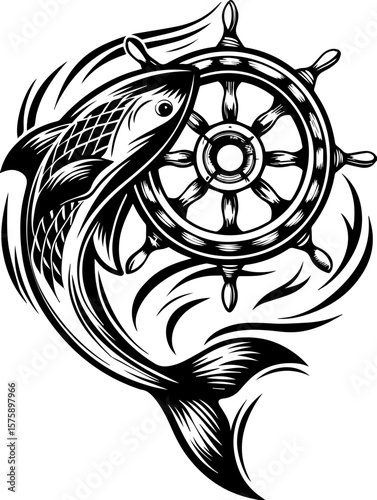 SVG of Pirate Leviathan beasts captured in a striking tattoo design. Fish and Ship Wheel Graphic for Nautical and Marine Themes